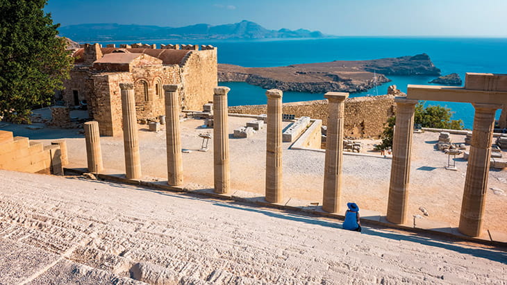 The columns of the Temple of Athena Lindia in Lindos, Rhodes, Greece